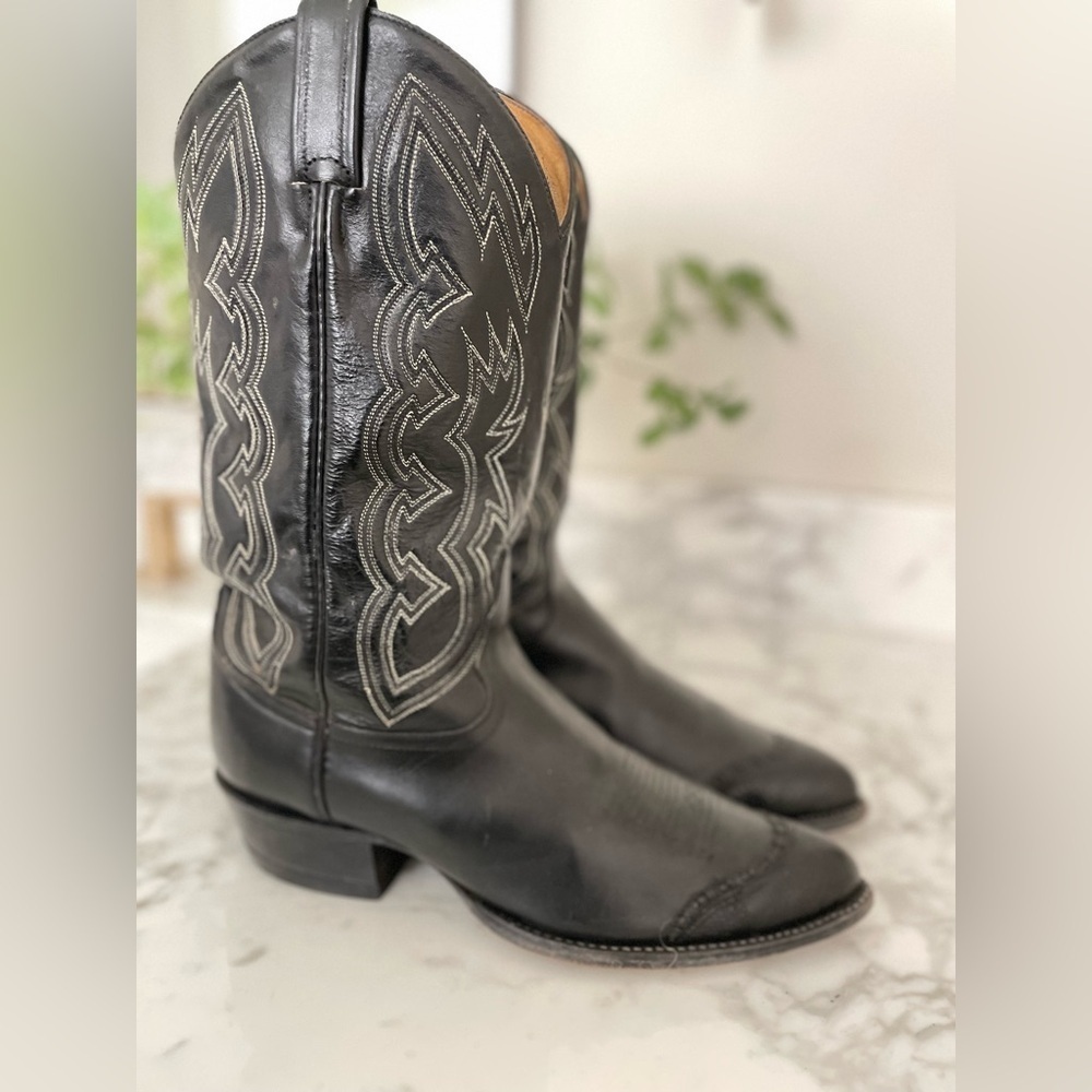 Vintage 80s Tony Lama Black Leather Cowboy Boots Womens Size 9
